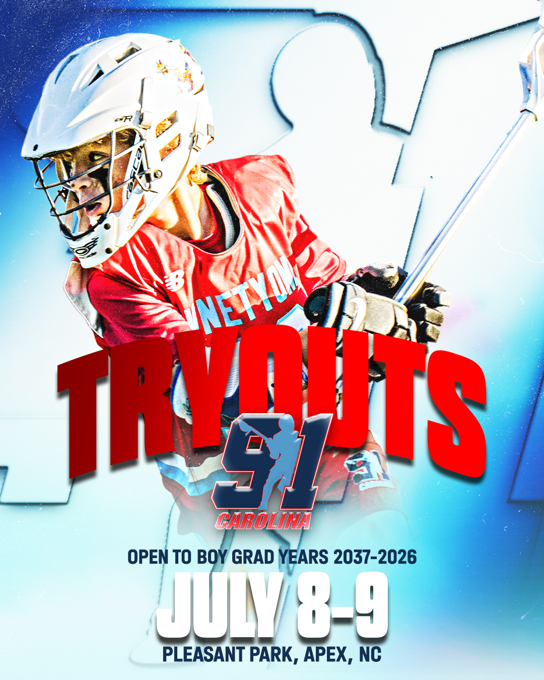 Team 91 Carolina boys tryouts announcement graphic: a player in a red jersey and white helmet, with the word TRYOUTS in red.