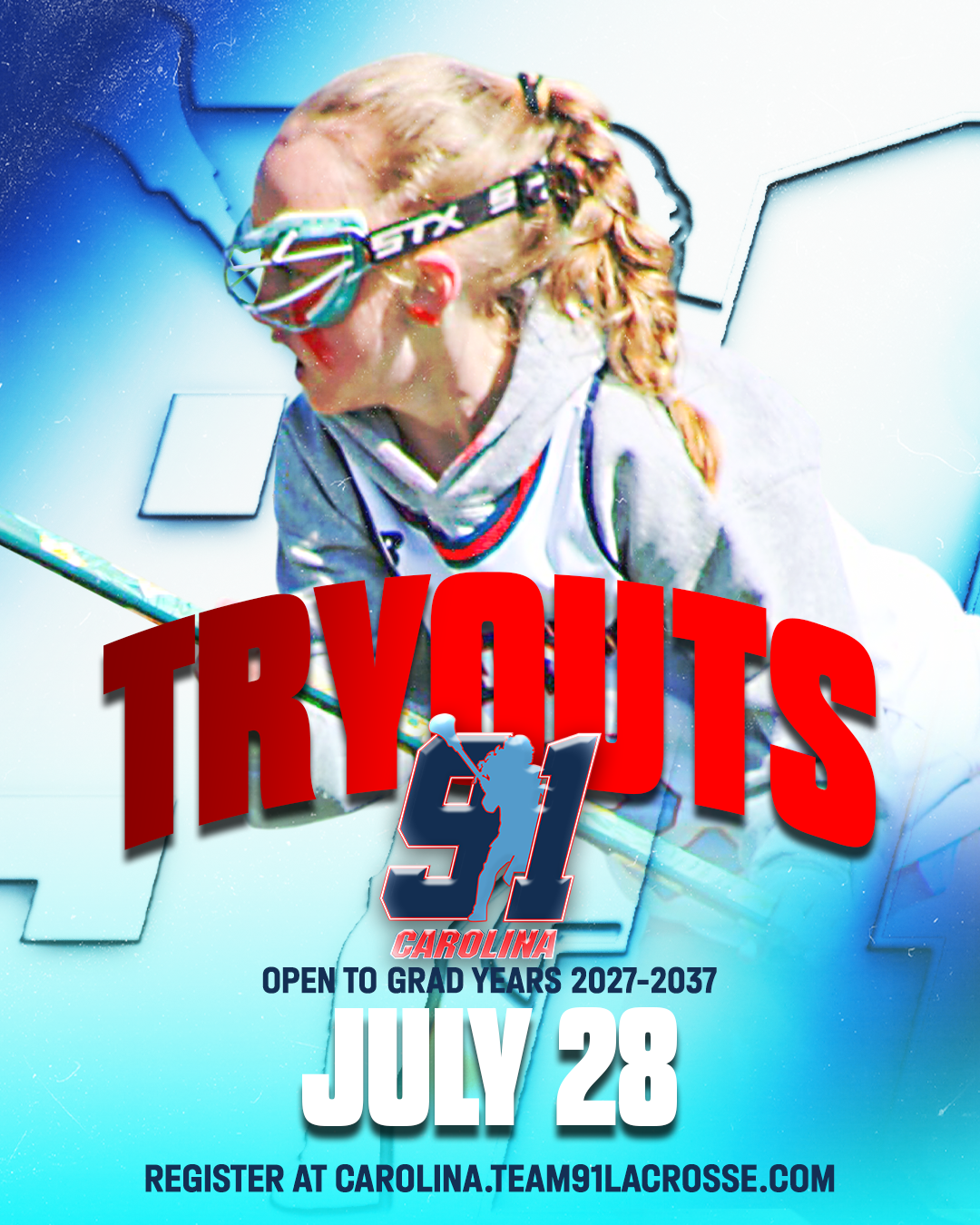 Team 91 Carolina girls tryouts announcement graphic: a player in goggles, with the word TRYOUTS in red.